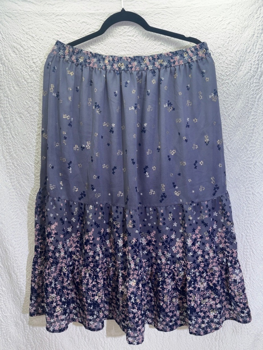 Studio West Tiered Ruffled Floral Print Sheer Overlay A-Line Midi Skirt